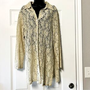 VTG 90s Cream Lace Collar Shell Button Down Tunic Shirt Shacket Split Hem Top L